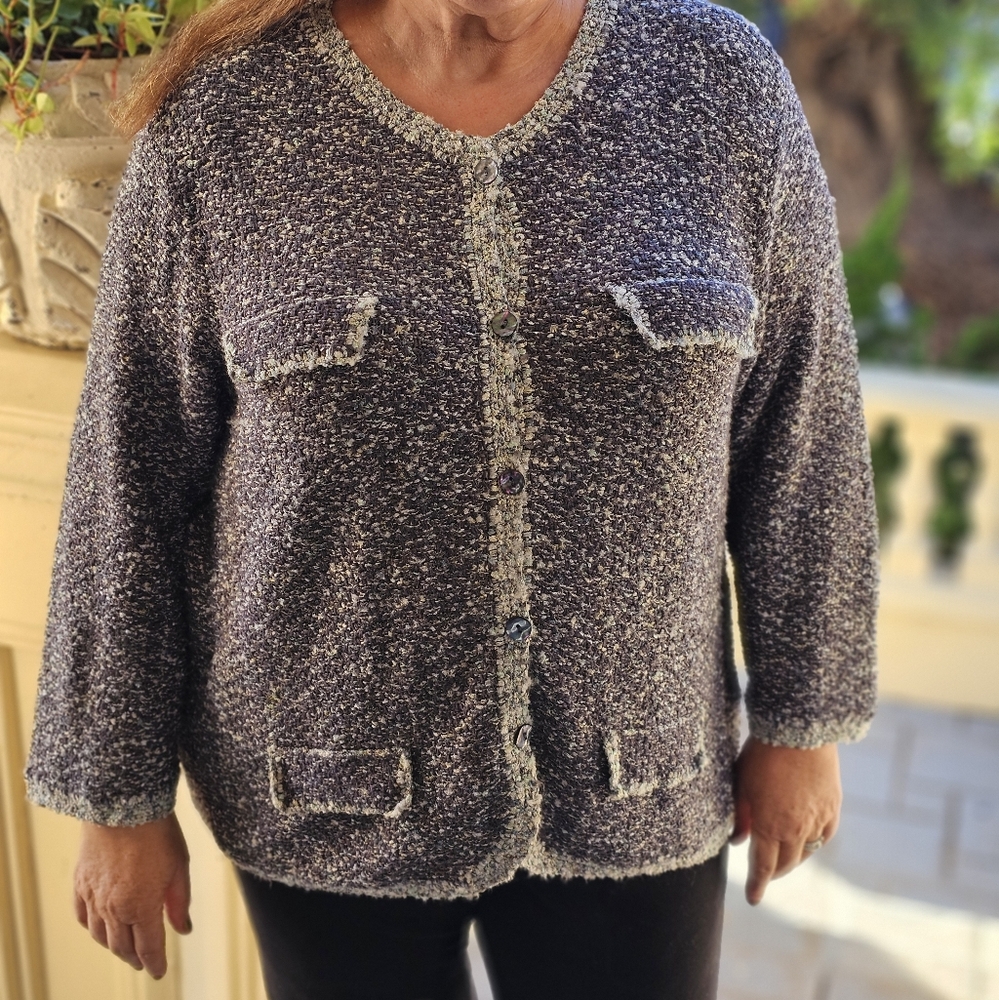 Sigrid Olsen Textured Bouclé Knit Cardigan Sweater Women's 2X Blue/Gray
